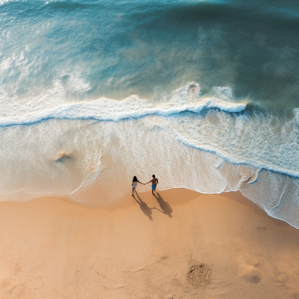 regarder avec de la hauteur deux personnes qui marchent sur une plage face à la mer 