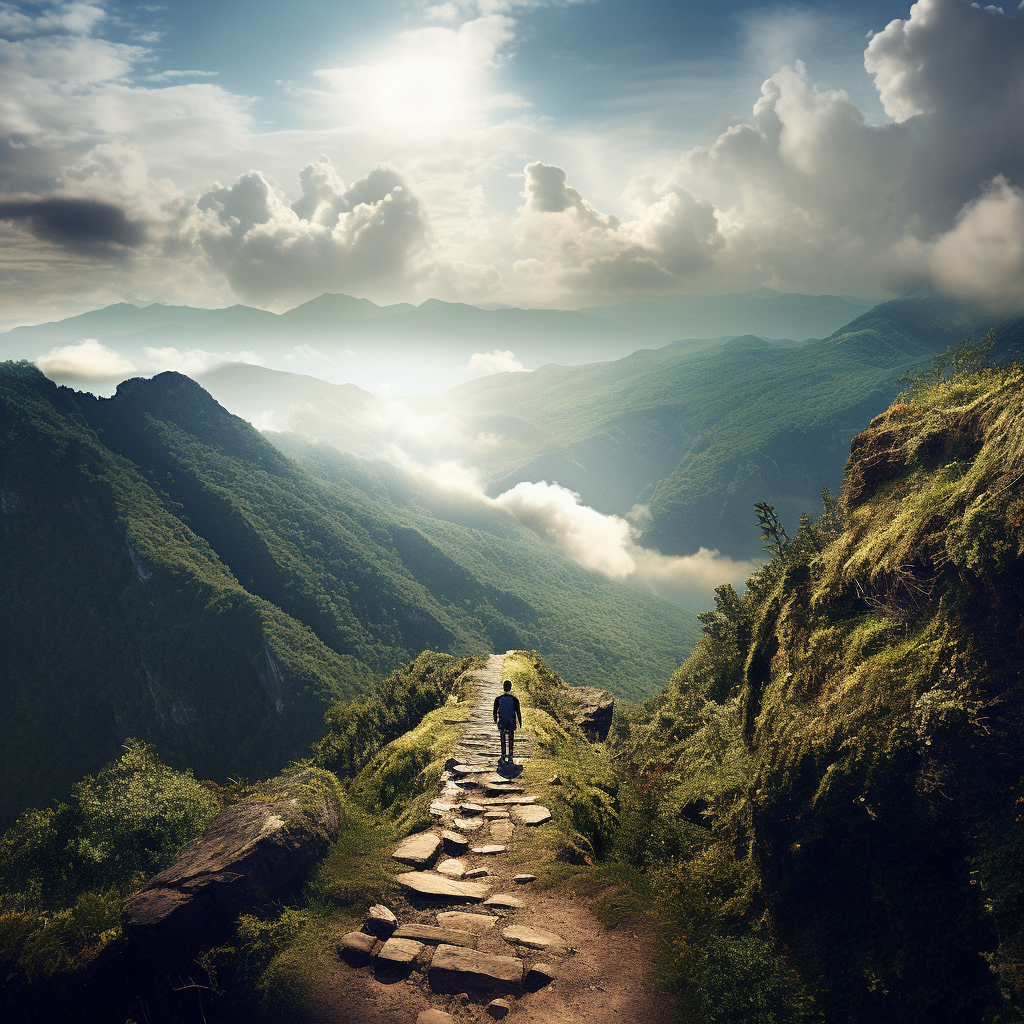 Un homme avançant sur un chemin face à la vue des montagnes