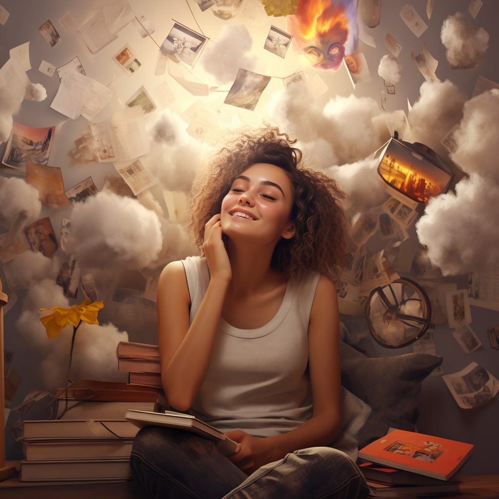 Une femme pensant à différents souvenirs positifs de sa vie