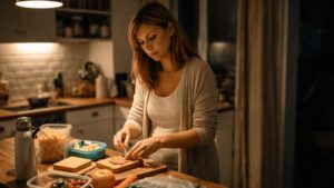 maman fatiguée qui prépare les collations le soir