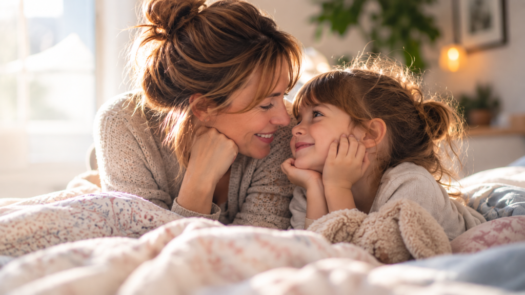 maman échangeant avec son enfant au moment du coucher